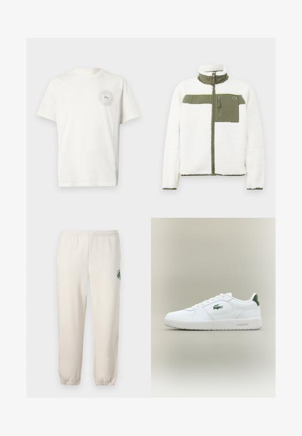 Balta vilnos striukė su alyvuogių spalvos akcentais, aukšta apykakle, užtrauktuku užsegama krūtinės kišenė ir raukinėtais rankogaliais. Dešinėje pusėje yra logotipas.; Balta medvilninė marškinėliai su apvaliu kaklu ir trumpomis rankovėmis, kairėje krūtinės pusėje atspausdintu apvaliu pilku logotipu.; Šviesiai smėlinės spalvos medvilninės kelnės, su elastinga juosta, raukšlėtomis rankovėmis ir žalia logotipo su lapo dizainu kairiajame šone.; Balti odiniai sportbačiai su lygiu paviršiumi, žaliais akcentais ant kulno ir žalia logotipu šone. Siūlo plokščią pado struktūrą ir apvalią nosį.