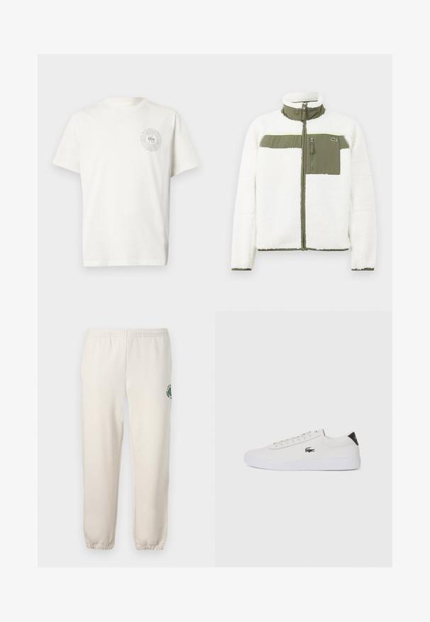 Valge flaamjakiga, millel on oliivrohelised aktsendid, kõrge kaelusega, lukuga rinna-tasku ja ribakudumistega varrukad. Vasakul küljel on logo.; Valge puuvillane T-särk ümmarguse kaelusega ja lühikeste varrukatega, vasakul rinnal on ringikujuline hall logo.; Heledadbežased püksid, mis on valmistatud puuvillast, varustatud elastse vöökohtaga, soonikute lõpetustega ja vasakul jalal on roheline logo lehe kujundusega.; Valge nahast tenniseking ümara ninaga, lukkude ja musta kontsa aktsendiga. Külgedel on väike broderi krokodilli logo.