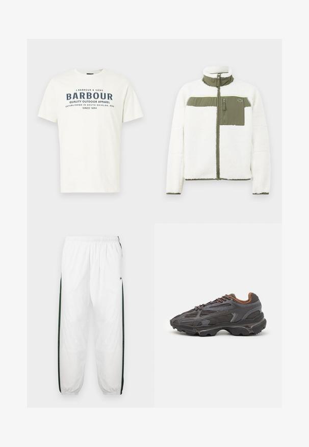 Bílá fleecová bunda s olivovými akcenty, vysokým límcem, kapsou na zip na hrudi a ribbovanými manžetami. Obsahuje logo na levé straně.; Krémové bavlněné tričko s výrazným námořnickým logem a textem: "BARBOUR KVALITNÍ VENKOVNÍ OBUV ZALOŽENA V SOUTH SHIELDS, ENG OD ROKU 1894."; Bílé tepláky s tmavě zelenými postranními panely. Lehký materiál, elastický pas a stahované lemy. Obsahují síťovanou texturu na postranních panelech.; Sněrovací boty Lacoste v tmavě šedé barvě s síťovinou a syntetickým materiálem, prezentující texturovanou podrážku a hnědé detaily na límci a logu.