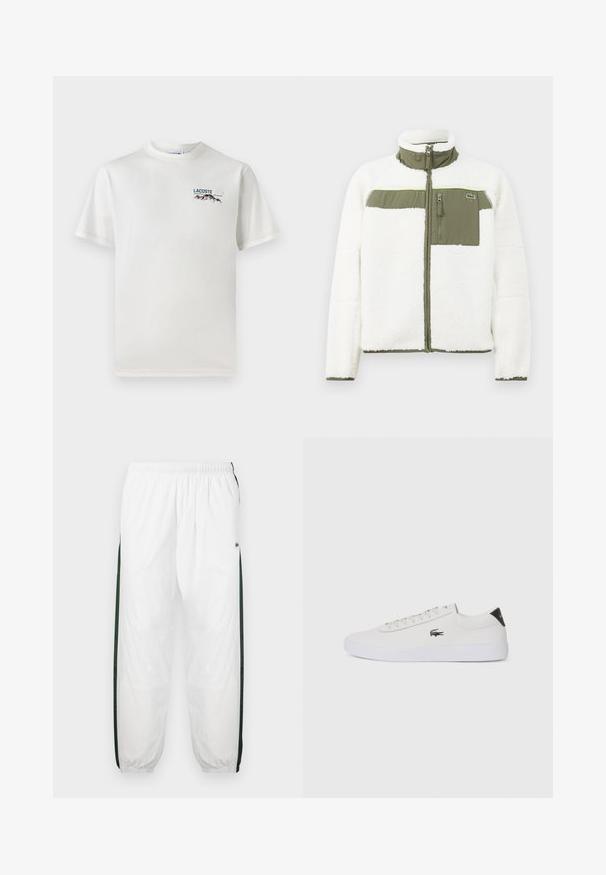Bílá fleecová bunda s olivovými akcenty, vysokým límcem, kapsou na zip na hrudi a ribbovanými manžetami. Obsahuje logo na levé straně.; Bílá bavlněná tričko s kulatým výstřihem, krátkými rukávy a malým vyšitým logem zobrazujícím hory a text na levé straně hrudi.; Bílé tepláky s tmavě zelenými postranními panely. Lehký materiál, elastický pas a stahované lemy. Obsahují síťovanou texturu na postranních panelech.; Bílé kožené tenisky s kulatou špičkou, šněrováním vpředu a černým akcentem na patě. Na boku se nachází malé vyšívané logo krokodýla.