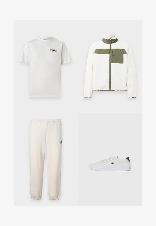 Balta vilnos striukė su alyvuogių spalvos akcentais, aukšta apykakle, užtrauktuku užsegama krūtinės kišenė ir raukinėtais rankogaliais. Dešinėje pusėje yra logotipas.; Baltas medvilninis marškinėliai su apykakle, trumpomis rankovėmis ir mažas siuvinėtas logotipas, vaizduojantis kalnus ir tekstą ant kairiojo krūtinės.; Šviesiai smėlinės spalvos medvilninės kelnės, su elastinga juosta, raukšlėtomis rankovėmis ir žalia logotipo su lapo dizainu kairiajame šone.; Balti odiniai sportbačiai su apvalia nosimi, raištelių užsegimu priekyje ir juodu akcentu ant kulno. Šone yra mažas išsiuvinėtas krokodilo logotipas.