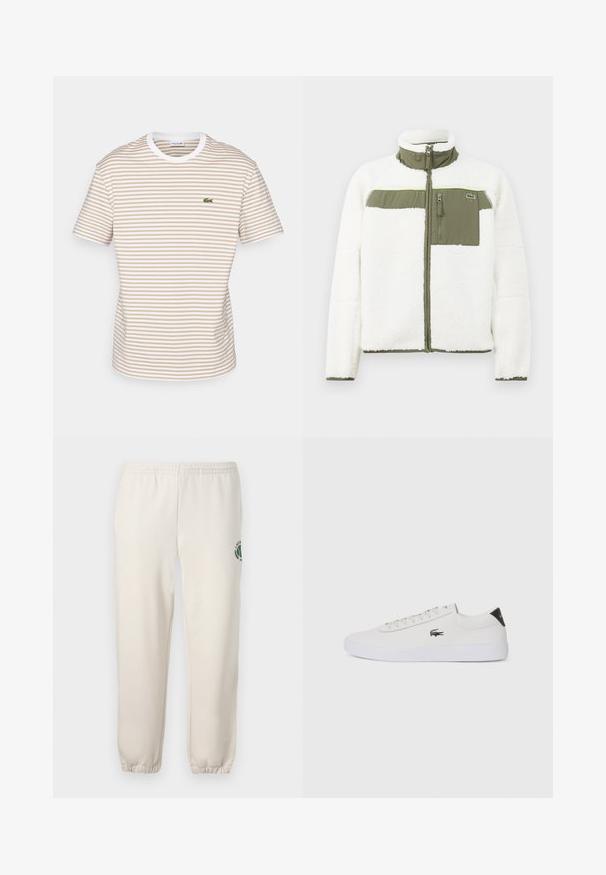 Bílá fleecová bunda s olivovými akcenty, vysokým límcem, kapsou na zip na hrudi a ribbovanými manžetami. Obsahuje logo na levé straně.; Lacoste Triko s potiskem - viennese/white; Světle béžové tepláky vyrobené z bavlny, s elastickým pasem, žebrovanými náplety a zeleným logem s designem listu na levé noze.; Bílé kožené tenisky s kulatou špičkou, šněrováním vpředu a černým akcentem na patě. Na boku se nachází malé vyšívané logo krokodýla.