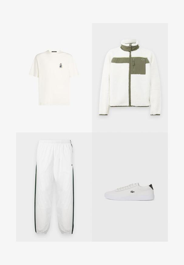 Biely flísový kabát s olivovými akcentmi, vysokým golierom, zipsovým náprsním vreckom a rebrovanými manžetami. Obsahuje logo na ľavej strane.; Biela bavlnená tričká s malou farebnou grafikou postavy na ľavej hrudi. Okrúhly výstrih a krátke rukávy.; Biele športové nohavice s tmavozelenými bočnými panelmi. Ľahký materiál, elastický pás a sťahované lemy. Obsahujú sieťovinovú textúru na bočných paneloch.; Biele kožené tenisky s okrúhlou špičkou, šnurovaním vpredu a čiernym akcentom na päte. Obsahujú malé vyšívané logo krokodíla na boku.
