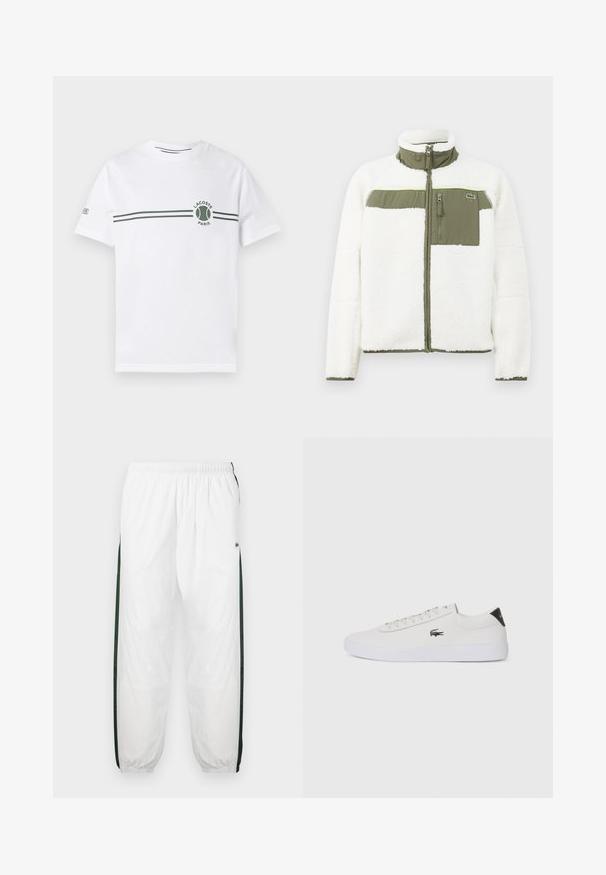 Valkoinen fleece- takki oliivinvihreillä yksityiskohdilla, korkea kaulus, vetoketjullinen rintatasku ja ribbireunat. Sisältää logon vasemmalla puolella.; Valkoinen puuvillainen t-paita lyhyillä hihoilla, jossa on vihreäraitainen kuvio ja pyöreä Lacoste-logo rinnassa. Sujuva pinta.; Valkoiset urheiluhousut tummanvihreillä sivupaneeleilla. Kevyt materiaali, joustava vyötärö ja resorit. Sivupaneeleissa on verkkotyyppinen tekstuuri.; Valkoinen nahkakenkä pyöreällä varvalla, nauhakiinnitys edessä ja musta kantapään korostus. Sivussa pieni brodyoitu krokotiililogo.