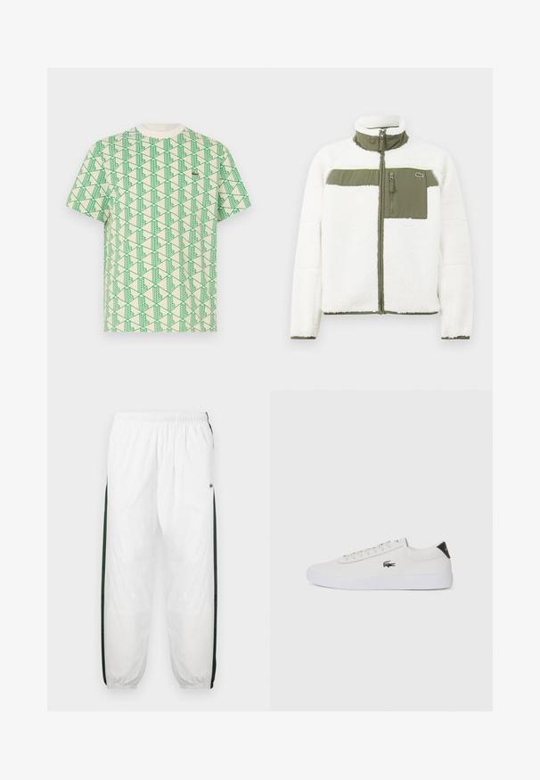 Valkoinen fleece- takki oliivinvihreillä yksityiskohdilla, korkea kaulus, vetoketjullinen rintatasku ja ribbireunat. Sisältää logon vasemmalla puolella.; Puuvillapaita, jossa on kreemivalkoisella taustalla vihreä geometrinen kuvio, pyöreä kaula-aukko ja lyhyet hihat.; Valkoiset urheiluhousut tummanvihreillä sivupaneeleilla. Kevyt materiaali, joustava vyötärö ja resorit. Sivupaneeleissa on verkkotyyppinen tekstuuri.; Valkoinen nahkakenkä pyöreällä varvalla, nauhakiinnitys edessä ja musta kantapään korostus. Sivussa pieni brodyoitu krokotiililogo.