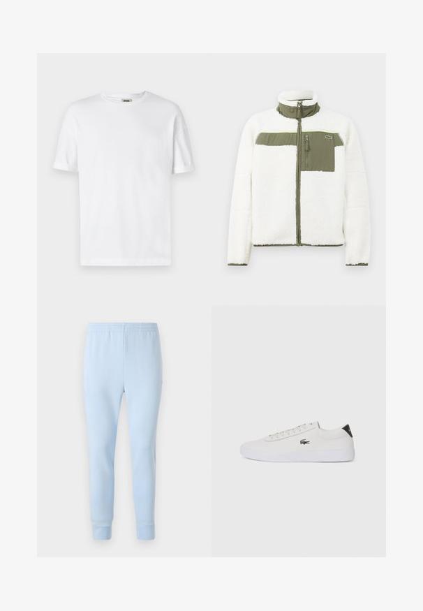 Witte fleecejas met olijfgroene accenten, hoge kraag, ritszak op de borst en geribde manchetten. Bevat een logo aan de linkerkant.; Witte katoenen t-shirt met een ronde hals, korte mouwen en omgeslagen mouwen; ongecompliceerd ontwerp, zachte textuur en rechte snit.; Lichtblauwe sweatpants van zacht stof, met een elastische tailleband en taps toelopende boorden. Geen zichtbare patronen of hardwareaccenten.; Witte leren sneaker met ronde neus, vetersluiting aan de voorkant en zwarte hakaccent. Beschikt over een klein geborduurd krokodillenlogo aan de zijkant.