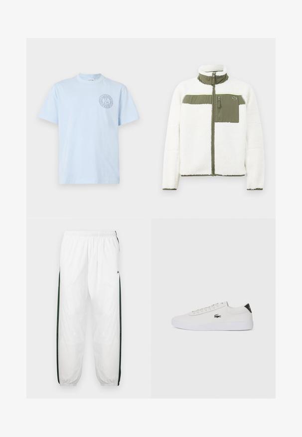 Balta vilnos striukė su alyvuogių spalvos akcentais, aukšta apykakle, užtrauktuku užsegama krūtinės kišenė ir raukinėtais rankogaliais. Dešinėje pusėje yra logotipas.; Šviesiai mėlynas medvilninis marškinėlis su apvaliu kaklu, trumpomis rankovėmis ir apskritu logotipu, kuriame yra tekstas ir dizaino akcentai kairėje krūtinės pusėje.; Baltos treniruočių kelnės su tamsiai žaliais šonų juostelėmis. Lengva medžiaga, elastinga juosmens juosta ir apASPIRUOTI rankogaliai. Šonų juostelėse yra tinklelio tekstūra.; Balti odiniai sportbačiai su apvalia nosimi, raištelių užsegimu priekyje ir juodu akcentu ant kulno. Šone yra mažas išsiuvinėtas krokodilo logotipas.