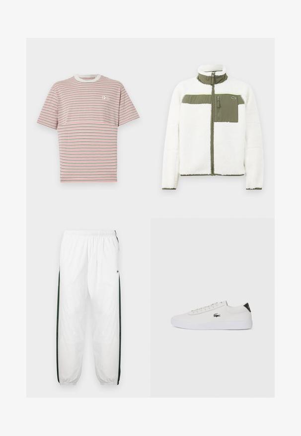 Hvit fleecejakke med olivenfarget detaljer, høy krage, glidelåslomme på brystet og ribbestrikkede mansjetter. Har en logo på venstre side.; Stripet t-skjorte med horisontale linjer i rosa, marineblå og hvit. Ribbet rund hals og en liten logo på brystet. Laget av bomull.; Hvite joggebukser med mørkegrønne sidelommer. Lett materiale, elastisk midje og mansjetter ved buksebenene. Har mesh-struktur på sidene.; Hvit lær sneakers med rund tå, snøring foran og svart hælakkent. Har en liten brodert krokodillelogo på siden.