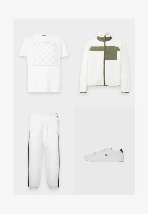 Valkoinen fleece- takki oliivinvihreillä yksityiskohdilla, korkea kaulus, vetoketjullinen rintatasku ja ribbireunat. Sisältää logon vasemmalla puolella.; Valkoinen puuvillainen t-paita, jossa on suuri vaaleanpunainen geometrinen kuvio ohueen reunukseen kehystettynä. Lyhyet hihat ja klassinen pyöreä kaula-aukko.; Valkoiset urheiluhousut tummanvihreillä sivupaneeleilla. Kevyt materiaali, joustava vyötärö ja resorit. Sivupaneeleissa on verkkotyyppinen tekstuuri.; Valkoinen nahkakenkä pyöreällä varvalla, nauhakiinnitys edessä ja musta kantapään korostus. Sivussa pieni brodyoitu krokotiililogo.