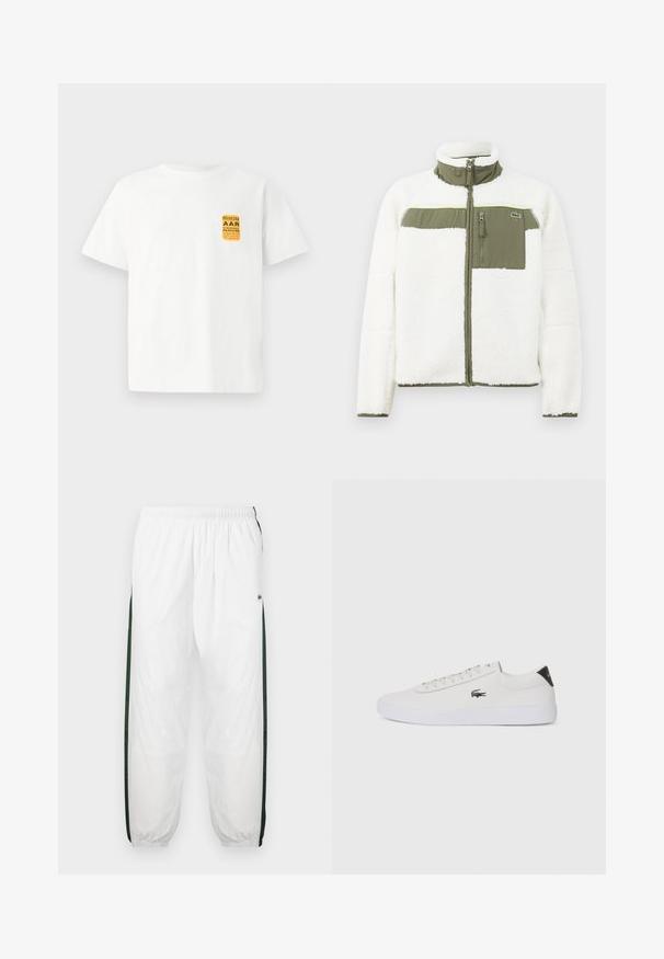 Biely flísový kabát s olivovými akcentmi, vysokým golierom, zipsovým náprsním vreckom a rebrovanými manžetami. Obsahuje logo na ľavej strane.; Biela bavlnená tričko s krátkymi rukávmi, na ľavej hornej strane s žltým a čiernym grafickým dizajnom.; Biele športové nohavice s tmavozelenými bočnými panelmi. Ľahký materiál, elastický pás a sťahované lemy. Obsahujú sieťovinovú textúru na bočných paneloch.; Biele kožené tenisky s okrúhlou špičkou, šnurovaním vpredu a čiernym akcentom na päte. Obsahujú malé vyšívané logo krokodíla na boku.