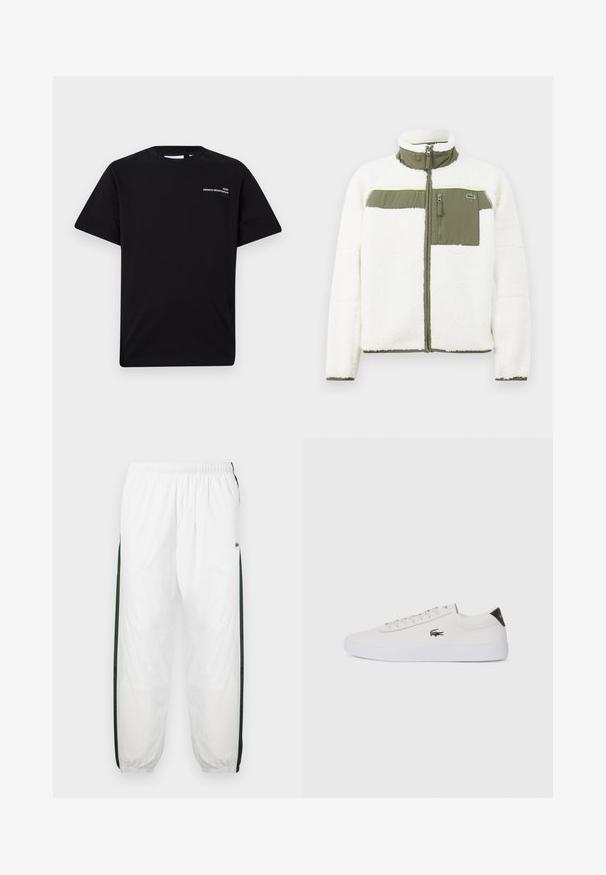Biała polarowa kurtka z oliwkowymi akcentami, wysoki kołnierz, kieszeń na zamek na klatce piersiowej i ściągacze na rękawach. Na lewej stronie znajduje się logo.; Czarna bawełniana koszulka z krótkimi rękawami i okrągłym dekoltem, z białym napisem "PARIS FRENCH SPORTSWEAR" na piersi.; Białe spodnie dresowe z ciemnozielonymi bocznymi panelami. Lekkie materiały, elastyczny pas i ściągacze u dołu. Zawierają siateczkową teksturę na bokach.; Białe skórzane sneakersy z okrągłym noskiem, sznurowanym przodem i czarnym akcentem na pięcie. Posiadają małe wyszywane logo krokodyla po boku.