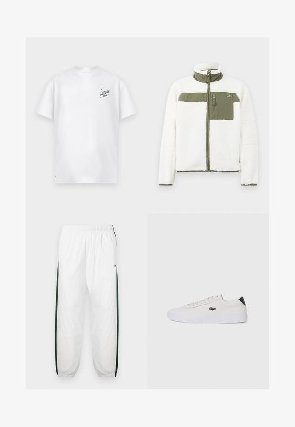 Valge flaamjakiga, millel on oliivrohelised aktsendid, kõrge kaelusega, lukuga rinna-tasku ja ribakudumistega varrukad. Vasakul küljel on logo.; Valge puuvillane t-särk ümarate krae ja lühikeste varrukatega. Vasaku rinna peal on roheline "Lacoste Paris" logo. Pehme tekstuur.; Valged sportpüksid tumeroheline külgpanelitega. Kerge materjal, elastne vöökoht ja mansetid. Külgpanelitel on võrkmuster.; Valge nahast tenniseking ümara ninaga, lukkude ja musta kontsa aktsendiga. Külgedel on väike broderi krokodilli logo.