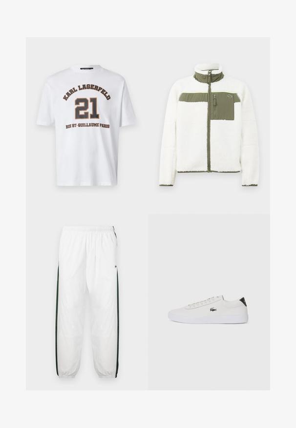 Valge flaamjakiga, millel on oliivrohelised aktsendid, kõrge kaelusega, lukuga rinna-tasku ja ribakudumistega varrukad. Vasakul küljel on logo.; Valge puuvillane t-särk, millel on julged mustad ja pruunid kirjad, mis ütlevad "KARL LAGERFELD 21 RUE ST-GUILLAUME PARIS" sportlikus disainis.; Valged sportpüksid tumeroheline külgpanelitega. Kerge materjal, elastne vöökoht ja mansetid. Külgpanelitel on võrkmuster.; Valge nahast tenniseking ümara ninaga, lukkude ja musta kontsa aktsendiga. Külgedel on väike broderi krokodilli logo.