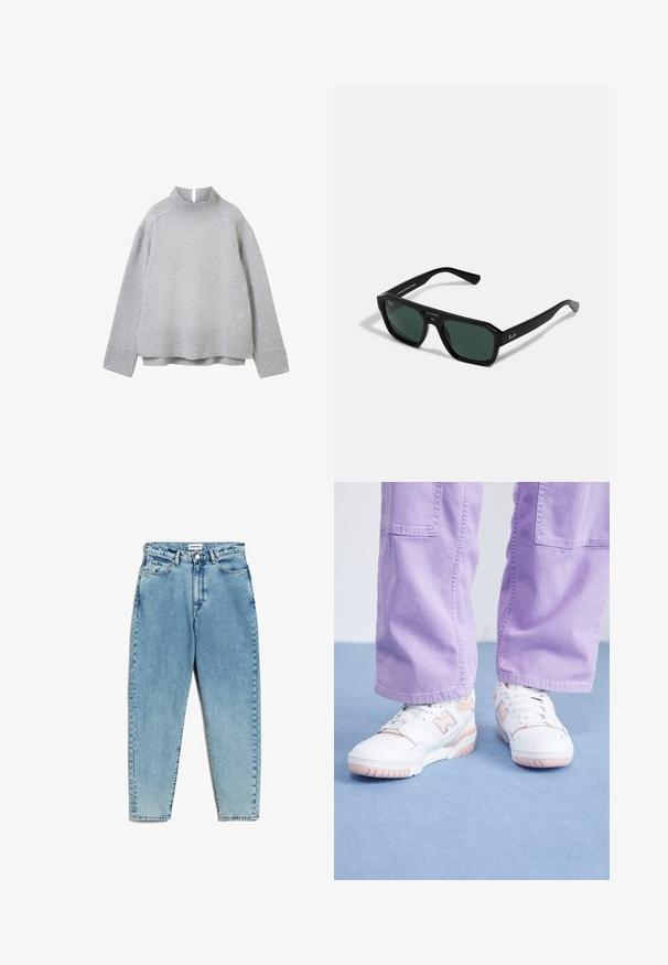 Helle rosa Bomberjacke aus glattem Material, mit einem Reißverschluss vorne, elastischen Bündchen und schrägen Seitentaschen.; Hellgrauer Pullover mit hohem Kragen, gerippten Bündchen und Saum. Weiche Textur, lockere Passform und ein dezentes Strickmuster im gesamten Abschnitt.; Helle blaue Denim-Jeans mit hoher Taille, geraden Beinen und einem verblichenen Finish. Verfügt über einen Knopfverschluss, Gürtelschlaufen und klassische Taschen.; Weiße Sneaker mit rosa Akzenten, Obermaterial aus strukturiertem Leder und Gummisohle, kombiniert mit helllila weit geschnittenen Hosen auf einer blauen Fläche.; Schwarze rechteckige Sonnenbrille mit grünen Gläsern. Aus Kunststoff mit achteckiger Form und glatter Oberfläche. Mit Ray-Ban-Logo an der Seite.