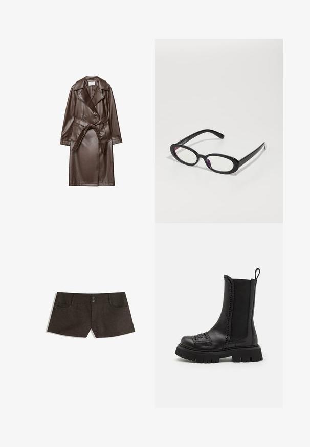 Brown leather trench coat with notched lapels, double-breasted buttons, tie belt at waist, and side pockets. Smooth texture and knee-length design.; Green and white plaid long-sleeve shirt with a collar, button front, and a slightly curved hem. Made from lightweight fabric with a textured finish.; Brown shorts made of textured fabric, featuring two buttons at the waist, front pockets, and a slight curve at the hem.; Black leather ankle boots with textured accents, decorative stitching, and a chunky, treaded sole. Features a pull tab for easy wear.; Oval black glasses with clear lenses, featuring a smooth finish and wide temples. Lenses have a subtle purple tint. Logo on the side.; Dark brown suede handbag with a structured shape, featuring two top handles and a detachable strap with a gold-tone buckle accent.