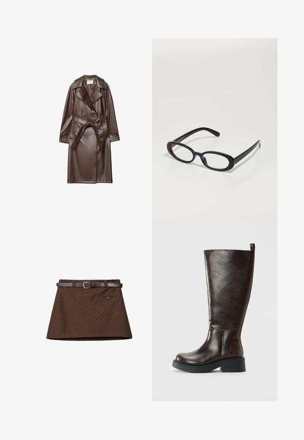 Bruine leren trenchcoat met geknoopte revers, dubbelzijdige knopen, een strikriem in de taille en zijzakken. Gladde textuur en knielang ontwerp.; Bruine nep leren haltertop met een diepe V-hals, een aansluitend ontwerp en een ritssluiting aan de voorkant. De stof heeft een gladde, glanzende textuur.; Bruine rok met een subtiele streepjespatroon, voorzien van een bruine leren riem, een enkele voorkant zak en een gestructureerde A-lijn vorm.; Donkerbruine leren kniehoog laars met een ronde neus, stevige zwarte zool, lage blokhak en een trekknoop aan de bovenkant achter.; Ovale zwarte bril met heldere lenzen, met een gladde afwerking en brede pootjes. De lenzen hebben een subtiele paarse tint. Logo aan de zijkant.; Donkerbruin suède handtas met een gestructureerde vorm, voorzien van twee handvatten aan de bovenkant en een afneembare schouderband met een gouden gesp accent.