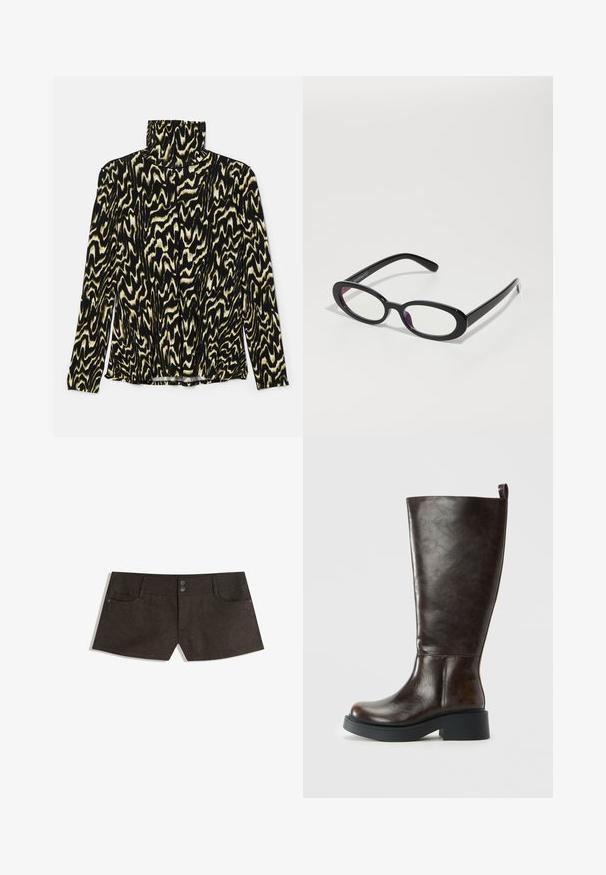 Brun læder trench coat med spidse klapper, dobbeltradede knapper, bælte i taljen og sidelommer. Glat tekstur og knælangt design.; Sort og creme mønstret langærmet bluse med høj krave, lavet af et glat, strækbart stof med et bølget, abstrakt design.; Brune shorts lavet af tekstureret stof, med to knapper i taljen, forlommer og en let buet kant.; Mørkebrun læder knæhøj støvle med rund tå, chunky sort sål, lav blokhæl og trækflig bagpå.; Ovale sorte briller med klare linser, der har en glat overflade og brede stænger. Linserne har en subtil lilla nuance. Logo på siden.; Mørkebrun ruskinds håndtaske med en struktureret form, der har to top håndtag og en aftagelig rem med en guldtonet spænde accenter.