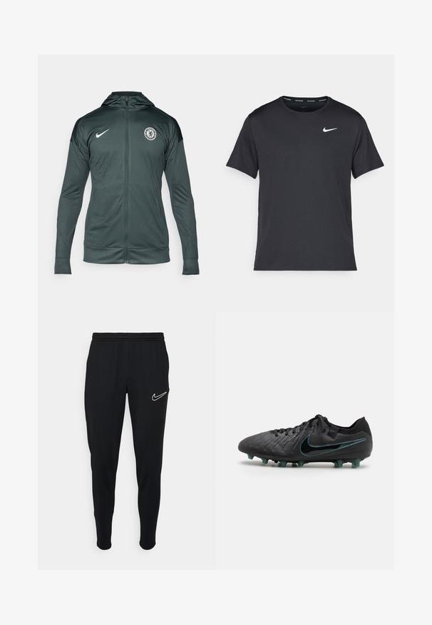 Musta vihreä Nike-takki, jossa on täyspitkä vetoketju edessä, huppu, sivutaskut ja Chelsea FC -logo vasemmassa ylärinnassa. Sujuva kangastuntu.; Musta Nike juoksupaita, joka on valmistettu kevyestä ja hengittävästä materiaalista. Paidassa on lyhyet hihnat ja pieni valkoinen logo rinnassa.; Mustat urheiluhousut, joissa on elastinen vyötärönauha, kapea malli ja valkoinen Nike-logo vasemmalla puolella. Pehmeä kangas, jolla on sileä pinta.; Mustat jalkapallon kengät, joissa on teksturoitu nahkainen päällinen, teal-värinen Nike-logo ja viisi muovista nappulaa tummalla pohjalla pitävän pidon takaamiseksi.