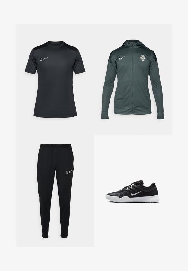 Ciemnozielona kurtka Nike ma pełny zamek z przodu, kaptur, boczne kieszenie oraz logo Chelsea FC na górnej lewej piersi. Gładka faktura materiału.; Czarna, krótko rękawowa koszulka sportowa z lekkiego materiału, z okrągłym dekoltem i białym logo Nike na lewej piersi.; Czarne dresowe joggery z elastycznym pasem, dopasowane, z białym logo Nike po lewej stronie. Miękka tkanina o gładkiej fakturze.; Czarne buty sportowe z teksturowaną cholewką, białym logo Nike i białą gumową podeszwą. Charakteryzują się sznurowanym zapięciem i dynamicznym kształtem.