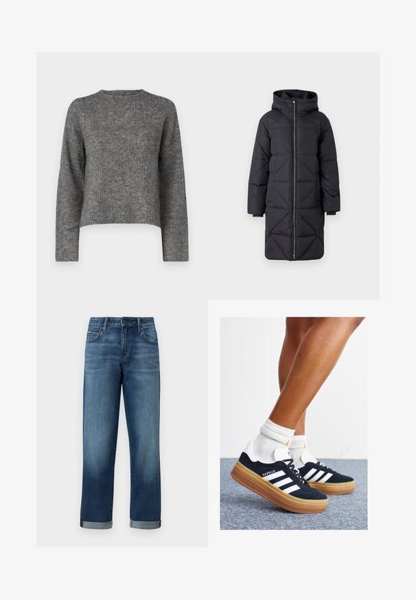 Giacca a vento nera imbottita con cappuccio, caratterizzata da un motivo trapuntato diagonale, chiusura con zip frontale e maniche lunghe, realizzata in materiale sintetico.; Maglione grigio lavorato a maglia con maniche lunghe, scollatura rotonda e vestibilità rilassata. Tessuto testurizzato e lunghezza corta. Nessun ulteriore dettaglio.; Jeans in denim di un blu medio con un design a gamba dritta, caratterizzati da orli arrotolati e un leggero effetto usurato. Stile classico a cinque tasche.; Sneakers in pelle scamosciata nera con strisce e dettagli bianchi, punta arrotondata, suola in gomma color gomme, abbinate a calzini bianchi a coste alla caviglia.