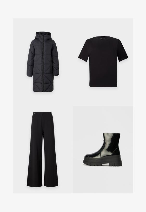Black puffer coat with a hood, featuring diagonal quilted pattern, full zip front, and long sleeves, made from synthetic material.; Black short-sleeve t-shirt with a round neckline, crafted from soft cotton fabric. Simple design, no visible logos or patterns.; Black wide-leg pants made from smooth fabric, featuring gold-tone button accents at the waistband and a clean, minimalist design.; Black glossy ankle boot with thick lug sole and rounded toe, side view on plain light gray background.