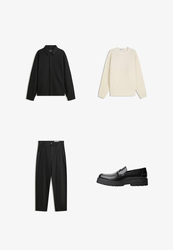Czarna koszula-zakładka z długimi rękawami i spiczastym kołnierzykiem, z przodu z guzikami i gładką fakturą. Luźny krój z obniżonymi ramionami.; Kremowy sweter dzianinowy z okrągłym dekoltem, ściągaczowymi mankietami i dołem. Teksturowany wzór z długimi rękawami i luźnym krojem.; Czarne bawełniane spodnie o luźnym kroju, z klasycznym pasem, przednimi plisy oraz bocznymi kieszeniami. Gładka struktura, bez wzorów.; Czarne skórzane mokasyny z grubą, bieżnikowaną podeszwą i dekoracyjnym paskiem na górze, pokazane w lewym profilu na białym tle.