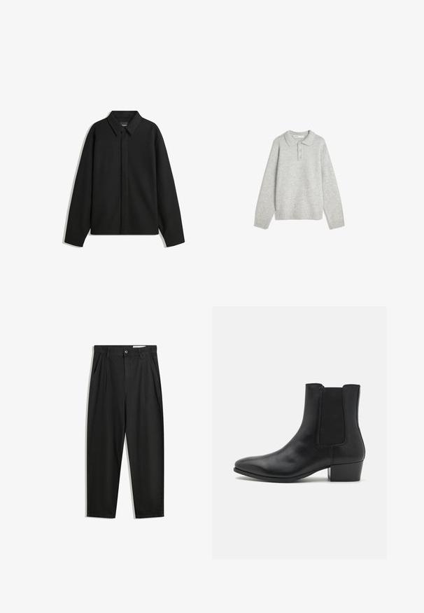 Fekete, hosszú ujjú ingdzseki hegyes gallérral, elülső gombolással és sima textúrával. Laid-back fit, lekonyult vállakkal.; Szürke kötött pulóver, galléros nyakkal, három elülső gombbal és bordás hempergővel. Az anyag lágy és texturált, lazább szabású.; Fekete pamut nadrág laza szabással, klasszikus derékrésszel, elülső hajtásokkal és oldalsó zsebekkel. Simább textúra minta nélkül.; Zign LEATHER - Klasszikus bokacsizmák - black