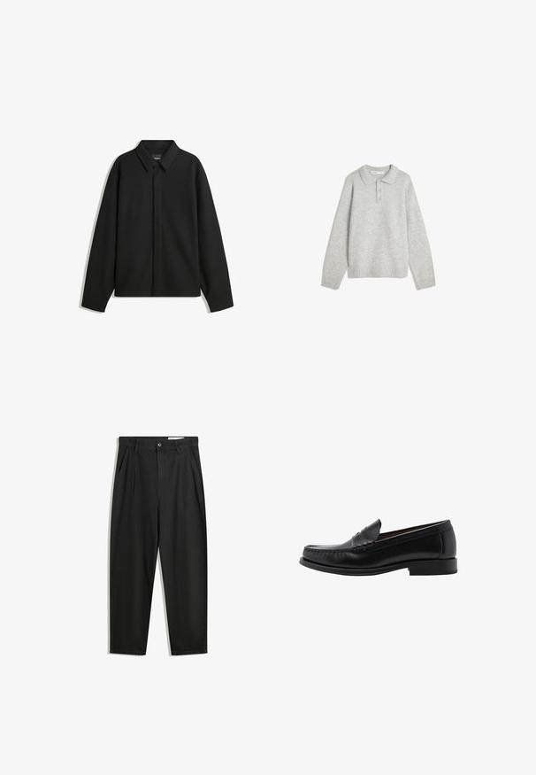 Jachetă neagră cu mâneci lungi și guler ascuțit, cu placket frontal și o textură netedă. Croială lejeră cu umeri lăsați.; Pulover gri tricotat cu guler, trei butoane frontale și tiv cu elastic. Materialul pare moale și texturat, având o croială lejeră.; Pantaloni negri din bumbac cu croială lejeră, având un brâu clasic, plii frontale și buzunare laterale. Textură netedă fără modele.; Mango Pantofi slip-on - black