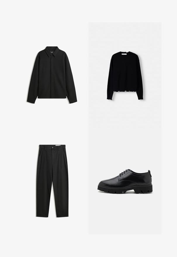 Černá bunda s dlouhým rukávem, špičatým límcem, přední légou a hladkým texturem. Volný střih s kleslými rameny.; Černý pletený svetr s kulatým výstřihem, dlouhými rukávy a roztrhaným lemem. Obsahuje žebrované manžety a volný střih.; Černé bavlněné kalhoty s uvolněným střihem, klasickým pasem, předními záhyby a bočními kapsami. Hladká textura bez vzorů.; Černé kožené boty s hladkým povrchem, šněrovacím designem a silnou, robustní gumovou podrážkou s hlubokými drážkami pro trakci.