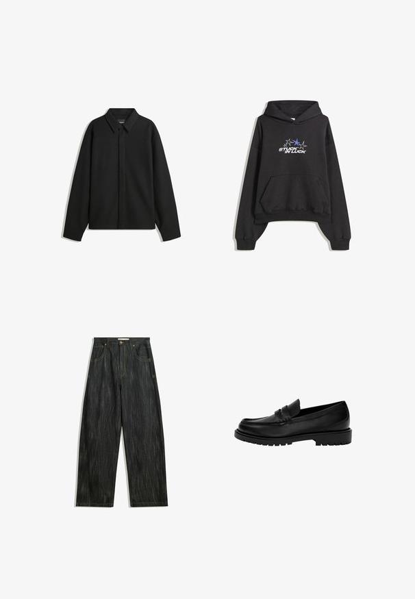 Sort langærmet skjortejakke med spids krave, frontklap og glat overflade. Relaxed fit med sænkede skuldre.; Sort hætte-trøje med frontlomme, ribbede manchetter og grafisk tekst "STUCK IN LUCK" under fem stjerner, en farvet blå, på brystet.; Mørke denim jeans med en løs pasform, med subtil lodret tekstur, gule sømme, fem lommer og en klassisk knaplukning.; Sorte læder loafers med rund tå, der har et design med to striber, tekstureret syning og en kraftig gummisål.