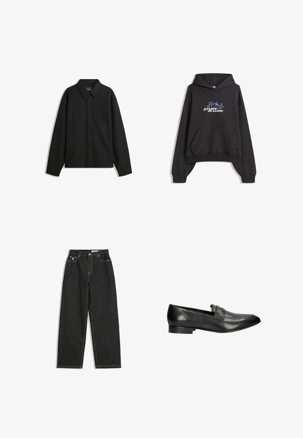 Schwarze Langarmhemdjacke mit spitzem Kragen, Frontblende und glatter Textur. Lässiger Schnitt mit abgesenkten Schultern.; Schwarzer Hoodie mit Fronttasche, gerippten Bündchen und grafischem Text "STUCK IN LUCK" unter fünf Sternen, einer in Blau, auf der Brust.; Schwarze gerade geschnittene Jeans mit weißen Nähten, Fünf-Taschen-Design, Knopf- und Reißverschluss, und einem kleinen Logo auf der vorderen rechten Tasche.; Schwarze Lederloafers mit niedrigem Absatz, runder Spitze und dekorativer Naht. Sie verfügen über einen dezenten Riemen über dem Vorderfuß mit einem metallischen Akzent.