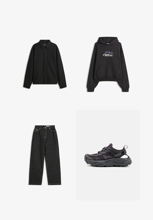 Crna jakna s dugim rukavima i oštrim ovratnikom, prednjim kopčanjem i glatkom teksturom. Opušteni kroj s spuštenim ramenima.; Crna dukserica s prednjim džepom, rebrastim manžetama i grafičkim natpisom "ZAGLAVLJEN U SREĆI" ispod pet zvjezdica, od kojih je jedna plave boje, na prsima.; Crne traperice ravnog kroja s bijelim šavovima, dizajn od pet džepova, zatvaranje na gumbe i patentni zatvarač, te mali logo na prednjem desnom džepu.; Crna atletska cipela s laganim mrežastim gornjištem, debelim gumenim potplatom i elastičnim vezanjem. Bočni prorezi omogućuju prozračnost i podršku.