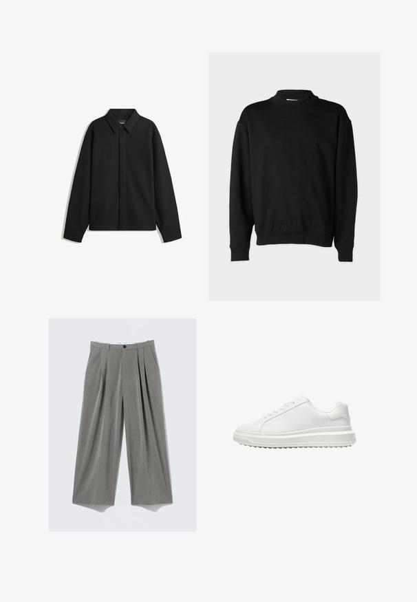 Black long-sleeve shirt jacket with a pointed collar, front placket, and a smooth texture. Relaxed fit with dropped shoulders.; Black sweatshirt with a high, ribbed collar, long sleeves, and a relaxed fit. Soft texture with ribbed cuffs and hem.; Gray pinstripe wide-leg dress pants with front pleats, belt loops, side pockets, and a black button closure.; White sneaker with a smooth synthetic upper, round toe, flat laces, textured sole, and a layered, platform design for added height.