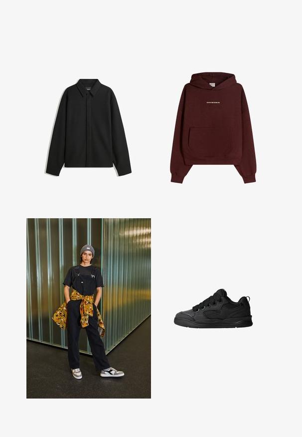 Fekete, hosszú ujjú ingdzseki hegyes gallérral, elülső gombolással és sima textúrával. Laid-back fit, lekonyult vállakkal.; Burgundi színű kapucnis pulóver, elülső zsebbel, arany "OVRNRM" logóval. Puha pamutból készült, laza szabású és bordázott mandzsettagyűrűvel rendelkezik.; Fekete farmer overall állítható pántokkal, fekete pólóval és a derékon megkötött, színes mintás inggel párosítva. Szürke sapka és sportcipő.; Fekete sportcipő texturált felsőrésszel, fűzőkkel, légáteresztő hálós részletekkel, párnázott bokarésszel és tartós talppal.