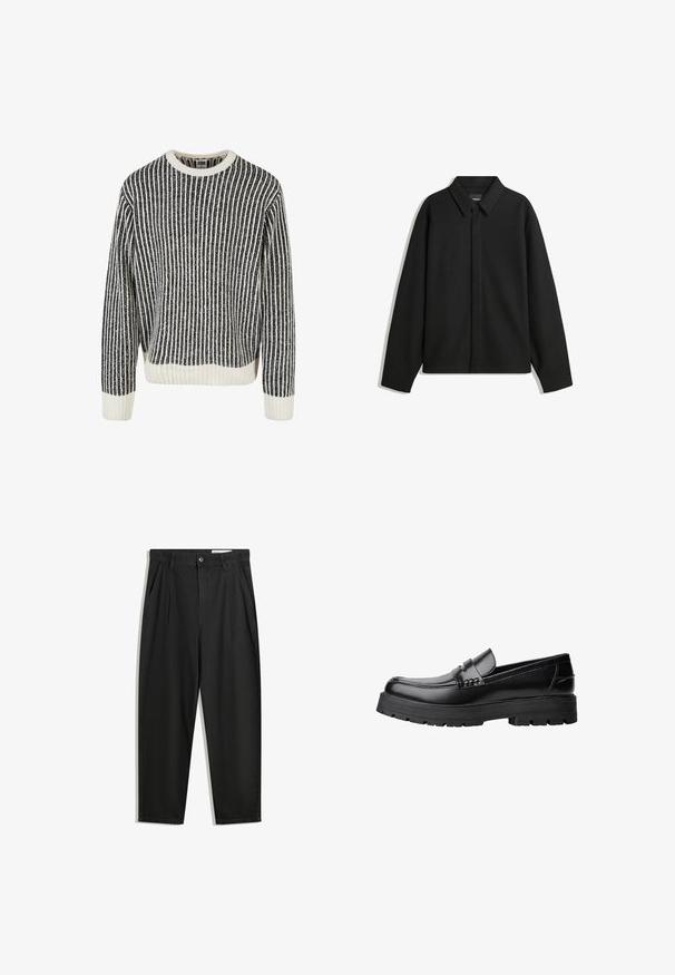 Schwarze Langarmhemdjacke mit spitzem Kragen, Frontblende und glatter Textur. Lässiger Schnitt mit abgesenkten Schultern.; Gestreifter Strickpullover in Schwarz und Weiß mit Rundhalsausschnitt, gerippter Textur und langen Ärmeln. Der untere Saum und die Bündchen sind mit einfarbigen weißen Akzenten versehen.; Schwarze Baumwollhose mit lockerem Schnitt, ausgestattet mit einem klassischen Bund, vorderen Falten und Seiten taschen. Glatte Textur ohne Muster.; Schwarzer Lederloafer mit grobem, rutschfestem Sohlenprofil und dekorativem Riemen über der Oberseite, seitlich links auf weißem Hintergrund abgebildet.