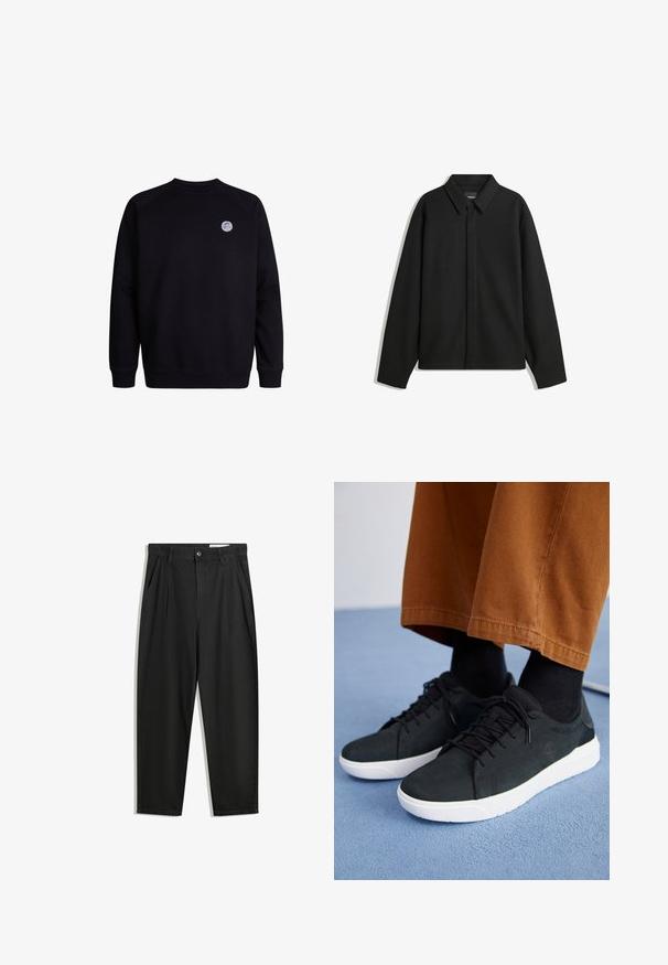 Zwarte lange mouwen overhemdjasje met een spitse kraag, voorste sluiting en een zachte textuur. Losse pasvorm met een verlaagde schouder.; Zwarte sweatshirt met een ronde hals en lange mouwen. Beschikt over een klein rond logo op de bovenste linkerborst. Zachte stoffen textuur.; Zwarte katoenen broeken met een losse pasvorm, voorzien van een klassieke tailleband, voorplooien en zijzakken. Gladde structuur zonder patronen.; Zwarte suède sneakers met witte rubberen zolen, voorzien van een vetersluiting ontwerp, textuuraccenten en subtiele branding, gedragen met bruine broeken.