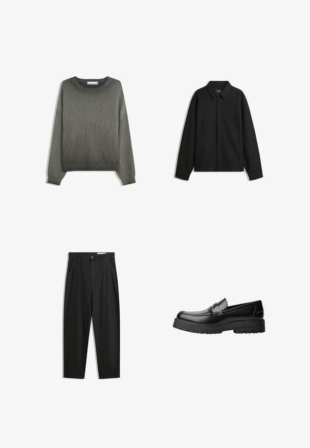 Veste chemise noire à manches longues, avec un col pointu, une patte de boutonnage à l'avant et une texture lisse. Coupe décontractée avec épaules tombantes.; Pull en maille côtelée vert avec un col rond et des manches longues, présentant une coupe décontractée et un motif de tissu texturé.; Pantalon en coton noir avec une coupe décontractée, dotés d'une taille classique, de plis à l'avant et de poches latérales. Texture lisse sans motifs.; Mocassin en cuir noir avec semelle épaisse à motifs et une sangle décorative sur le dessus, présenté en profil sur le côté gauche sur fond blanc.