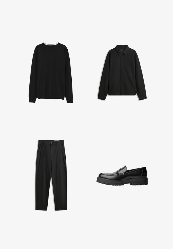 Schwarze Langarmhemdjacke mit spitzem Kragen, Frontblende und glatter Textur. Lässiger Schnitt mit abgesenkten Schultern.; Schwarzer Langarm-Pullover mit Rundhalsausschnitt und gerippten Bündchen und Saum, auf einem weißen Hintergrund präsentiert.; Schwarze Baumwollhose mit lockerem Schnitt, ausgestattet mit einem klassischen Bund, vorderen Falten und Seiten taschen. Glatte Textur ohne Muster.; Schwarzer Lederloafer mit grobem, rutschfestem Sohlenprofil und dekorativem Riemen über der Oberseite, seitlich links auf weißem Hintergrund abgebildet.