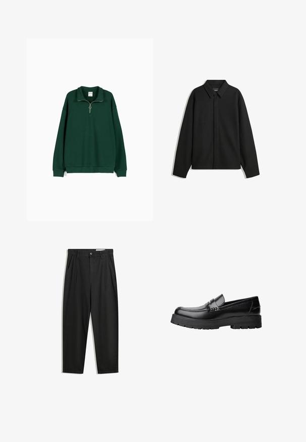 Giacca nera a maniche lunghe con colletto a punta, patta frontale e una texture liscia. Vestibilità rilassata con spalle scese.; Felpa verde realizzata in tessuto morbido e testurizzato. Presenta un colletto con zip, maniche lunghe e una vestibilità comoda con orlo a coste.; Pantaloni in cotone neri con una vestibilità rilassata, dotati di una vita classica, pieghe frontali e tasche laterali. Tessuto liscio senza fantasie.; Mocassino in pelle nera con suola spessa e tassellata e fascia decorativa sulla parte superiore, mostrato in profilo sinistro su sfondo bianco.