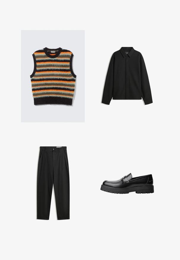 Crna jakna s dugim rukavima i oštrim ovratnikom, prednjim kopčanjem i glatkom teksturom. Opušteni kroj s spuštenim ramenima.; Bezrukava plišana pletena veste s horizontalnim prugama u crnoj, narančastoj, maslinasto zelenoj i svijetlo sivoj boji, s okruglim izrezom.; Crne pamučne hlače s opuštenim krojem, s klasičnim pojasom, prednjim nabranjima i bočnim džepovima. Glatka tekstura bez uzoraka.; Crna kožna mokasina s debelim potplatima i dekorativnom trakom preko gornjeg dijela, prikazana u lijevom bočnom profilu na bijeloj pozadini.
