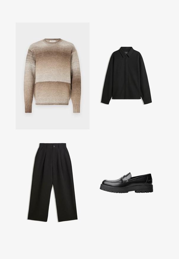 Černá bunda s dlouhým rukávem, špičatým límcem, přední légou a hladkým texturem. Volný střih s kleslými rameny.; Béžový pletený svetr s kulatým výstřihem, s přechodovým vzorem od světlých k tmavým tónům a žebrovanými manžetami a lemem. Měkká textura.; Černé kalhoty s uvolněným střihem, s průhyby v přední části, bočními kapsami a zapínáním na knoflík. Vyrobené z texturované látky.; Černé kožené mokasíny s masivní podrážkou a dekoračním páskem přes horní část, zobrazené v levém bočním profilu na bílém pozadí.