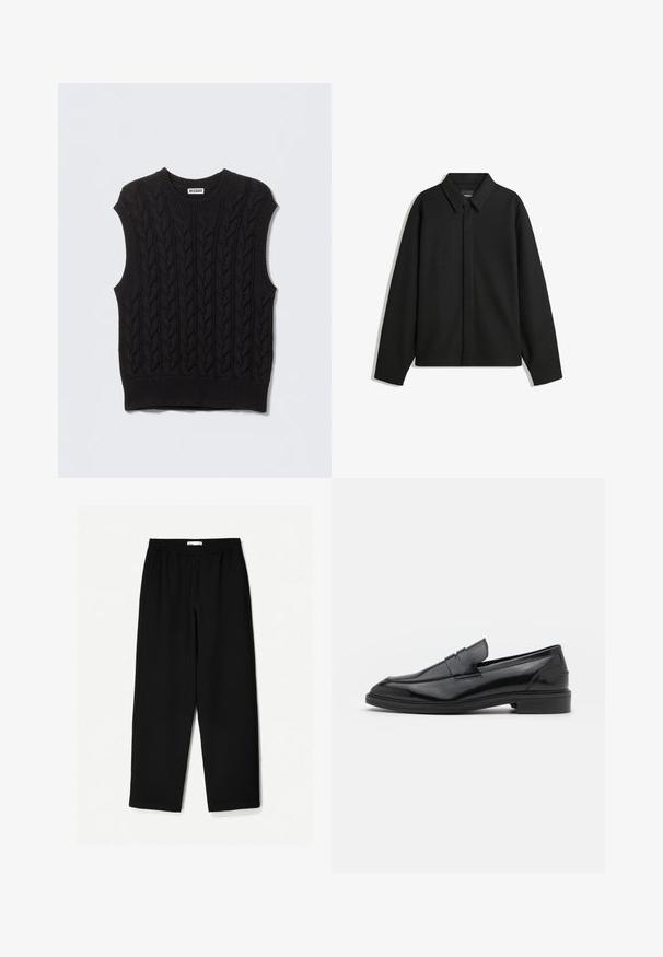 Črna dolga majica s kratkimi rokavi z ostrim ovratnikom, sprednjim zapiranjem in gladko teksturo. Ohlapen kroj z nizkimi rameni.; Črn pleten brezrokavnik z vzorcem pletenja v vrvice, okrogel izrez in rebrast rob. Narejen iz teksturirane tkanine za toplino.; Črne široke hlače iz lahkotnega materiala. Imajo elastičen pas in gladko teksturo. Brez vidnih vzorcev ali dodatkov.; Črne usnjene loafersice z gladko površino, s zaobljenim prstom in ozkim pasom čez zgornji del. Nizek zložen petek.