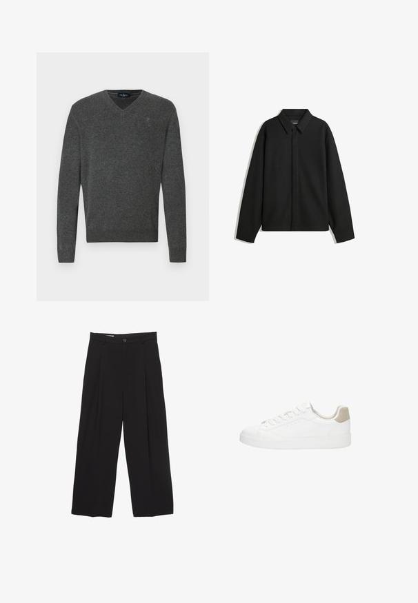 Giacca nera a maniche lunghe con colletto a punta, patta frontale e una texture liscia. Vestibilità rilassata con spalle scese.; Maglione grigio a scollatura a V realizzato in un tessuto morbido. Presenta polsini e orlo a coste, con un piccolo logo ricamato sul petto. Design semplice, vestibilità classica.; Pantaloni neri a gamba larga realizzati in tessuto morbido, con vita piatta, pinces frontali e chiusura con un bottone.; Sneakers bianchi con tomaia in pelle liscia e punta rotonda. Presentano un cappuccio sul tallone in suede beige, lacci piatti e una suola in gomma bianca.