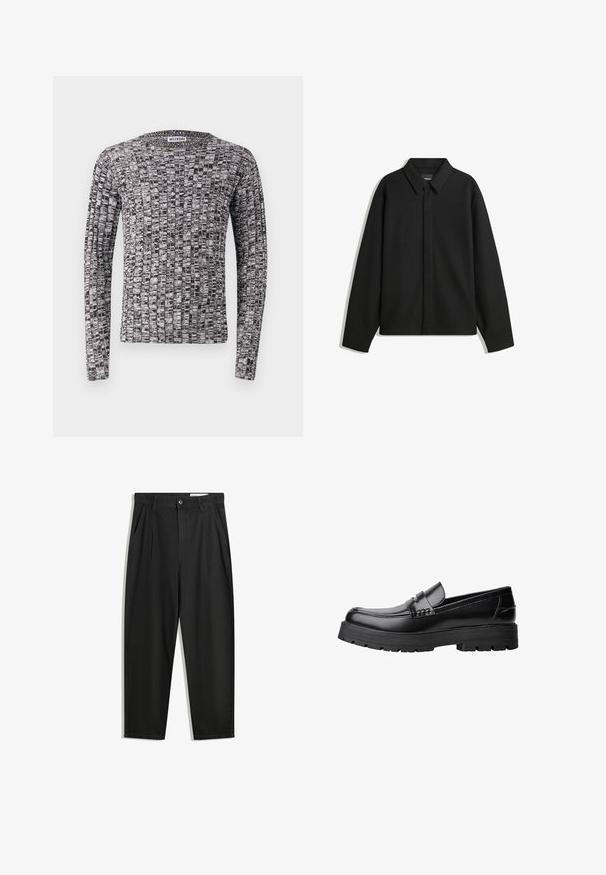 Schwarze Langarmhemdjacke mit spitzem Kragen, Frontblende und glatter Textur. Lässiger Schnitt mit abgesenkten Schultern.; Strickpullover mit langen Ärmeln, der ein strukturiertes Schwarz-Weiß-Muster aufweist. Runder Ausschnitt und enganliegende Bündchen. Das Material wirkt weich und leicht.; Schwarze Baumwollhose mit lockerem Schnitt, ausgestattet mit einem klassischen Bund, vorderen Falten und Seiten taschen. Glatte Textur ohne Muster.; Schwarzer Lederloafer mit grobem, rutschfestem Sohlenprofil und dekorativem Riemen über der Oberseite, seitlich links auf weißem Hintergrund abgebildet.