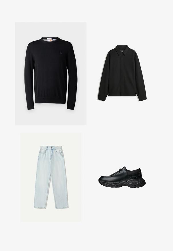 Schwarze Langarmhemdjacke mit spitzem Kragen, Frontblende und glatter Textur. Lässiger Schnitt mit abgesenkten Schultern.; Schwarzer Strickpullover mit Rundhalsausschnitt, langen Ärmeln, gerippten Bündchen und Saum sowie einem kleinen Logodetail auf der Brust. Weiche Textur.; Helle blaue Denim-Jeans mit lässiger Passform, geradem Beindesign, Fünf-Taschen-Stil und dezentem Verblassen des Stoffes.; Schwarze Leder-Slipper mit runder Spitze und dicker, strukturiertem Gummisohle. Besitzt dezente Nähte und elastische Akzente am Schaft.