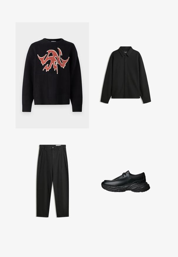 Czarna koszula-zakładka z długimi rękawami i spiczastym kołnierzykiem, z przodu z guzikami i gładką fakturą. Luźny krój z obniżonymi ramionami.; Czarny sweter z okrągłym dekoltem, który na przodzie ma teksturalny, abstrakcyjny wzór w czerwonym i kremowym kolorze. Rękawy i dół wykończone ściągaczem.; Czarne bawełniane spodnie o luźnym kroju, z klasycznym pasem, przednimi plisy oraz bocznymi kieszeniami. Gładka struktura, bez wzorów.; Czarne skórzane buty wsuwane z okrągłym noskiem i grubą, teksturowaną gumową podeszwą. Posiadają subtelne przeszycia oraz elastyczne akcenty na kołnierzu.