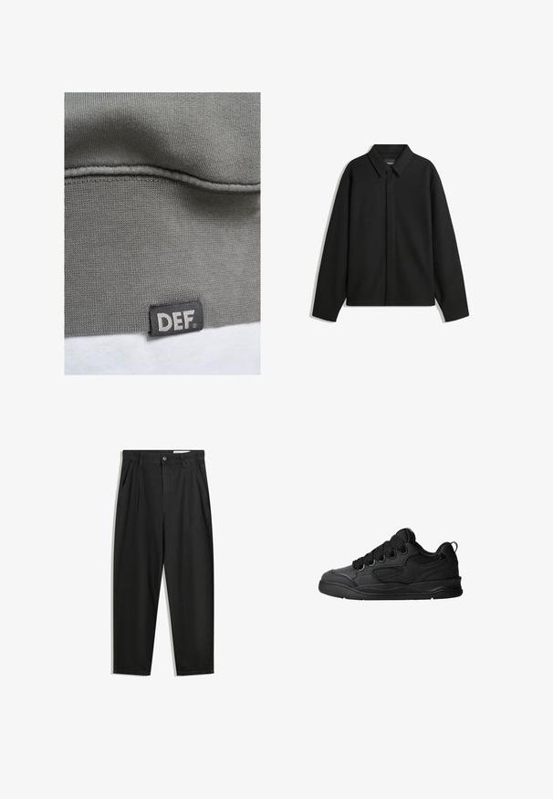 Black long-sleeve shirt jacket with a pointed collar, front placket, and a smooth texture. Relaxed fit with dropped shoulders.; Gray sweatshirt fabric with a ribbed texture. Features a black label with white text "DEF" at the bottom hem. Smooth surface and simple design.; Black cotton trousers with a relaxed fit, featuring a classic waistband, front pleats, and side pockets. Smooth texture without patterns.; Black sneakers with a textured upper, featuring laces, mesh accents for breathability, padded collar, and a sturdy outsole.