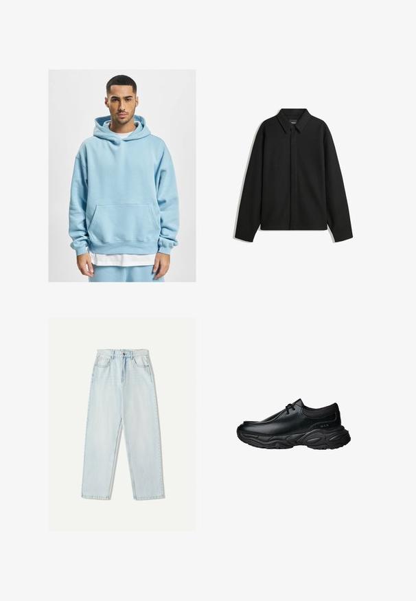 Svart långärmad skjortjacka med spetsig krage, frontknäppning och en slät yta. Avslappnad passform med sänkta axlar.; Ljusblå huvtröja gjord av mjukt tyg, med en känguruficka, dragsko på huva och ribbade ärmslut. Lagd över en vit skjorta.; Ljust blå denimjeans med avslappnad passform, raka ben, femfickorsdesign och subtila blekningar på tyget.; Svarta läder slip-on skor med rund tå och tjock strukturerad gummisula. Har subtila sömmar och elastiska detaljer vid kragen.