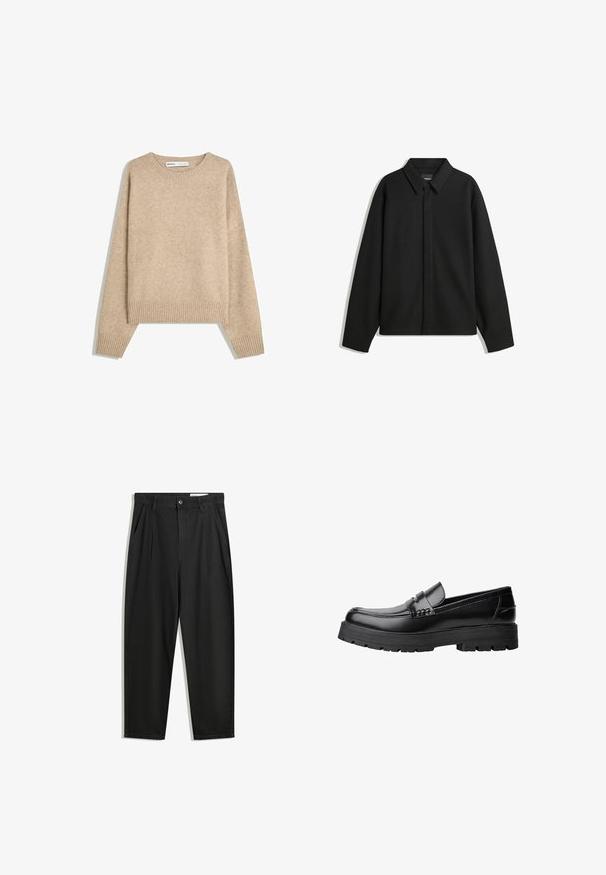 Svart långärmad skjortjacka med spetsig krage, frontknäppning och en slät yta. Avslappnad passform med sänkta axlar.; Beige tröja av mjukt, strukturerat stickat material. Har en rund halsringning, ribbade mudd och en kortad nederkant med sänkt axel.; Svarta bomullsshorts med avslappnad passform, med en klassisk midja, framveck och sidfickor. Slät textur utan mönster.; Svart läderloafer med kraftig mönstrad sula och dekorativ rem över framtill, visad i vänster sidoprofil på vit bakgrund.