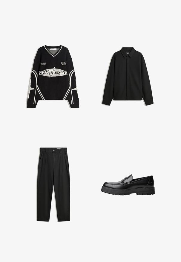 Čierna košeľa s dlhým rukávom vo forme bundy s špicatým golierom, prednou légou a hladkou textúrou. Voľný strih s spadnutými plecami.; Čierny pletený sveter s V-výstrihom, ktorý má biele akcenty a grafické textové vzory. Obsahuje hviezdne vzory na rukávoch a leme.; Čierne bavlnené nohavice s voľným strihom, s klasickým pásom, prednými záhybmi a bočnými vreckami. Hladká textúra bez vzorov.; Čierne kožené mokasíny s masívnou podrážkou a dekoratívnym pásom cez hornú časť, zobrazené z ľavého bočného profilu na bielom pozadí.